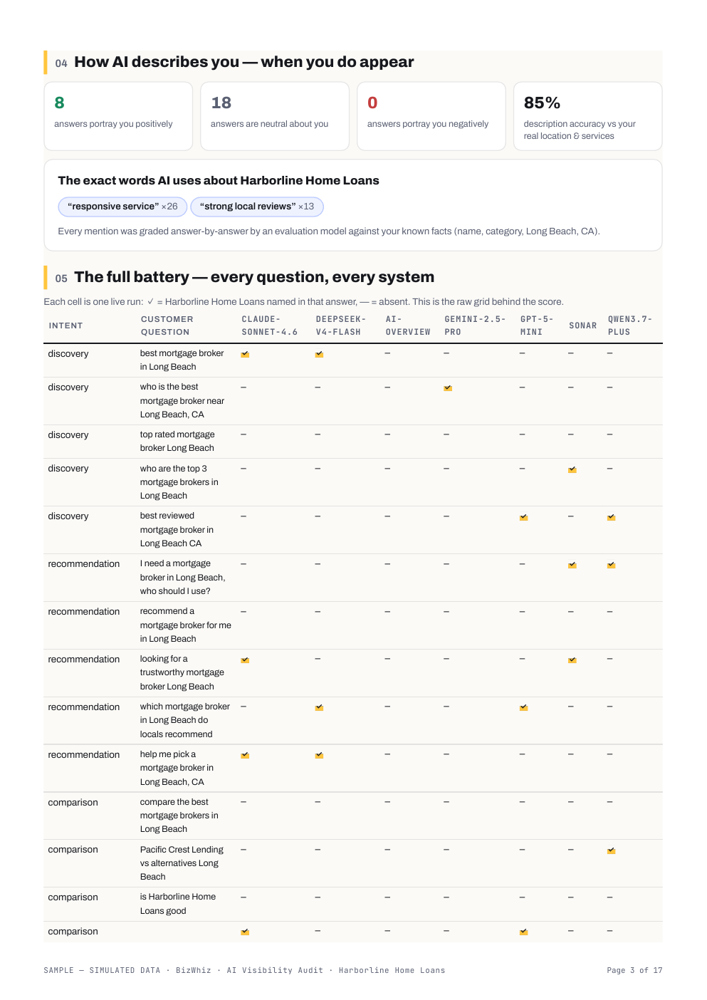 Report page showing how AI describes the business and the full question-by-system battery grid